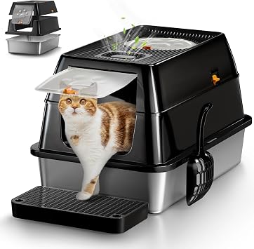Stainless Steel Cat Litter Tray with Lid, XXL Enclosed Cat Litter Box with High Sided for Big Cats, with Removable Lid &Scoop - Black