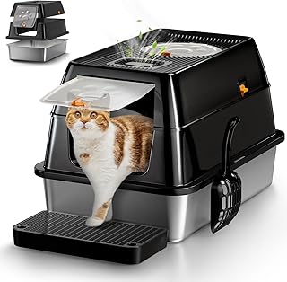 XL Stainless Steel Cat Litter Box with Lid, Extra Large Enclosed Litter Box for Big Cats, High Sided Metal Litter Pan with Removable Lid& Scoop, Odor Free, Easy Cleaning, Anti-Urine Leakage