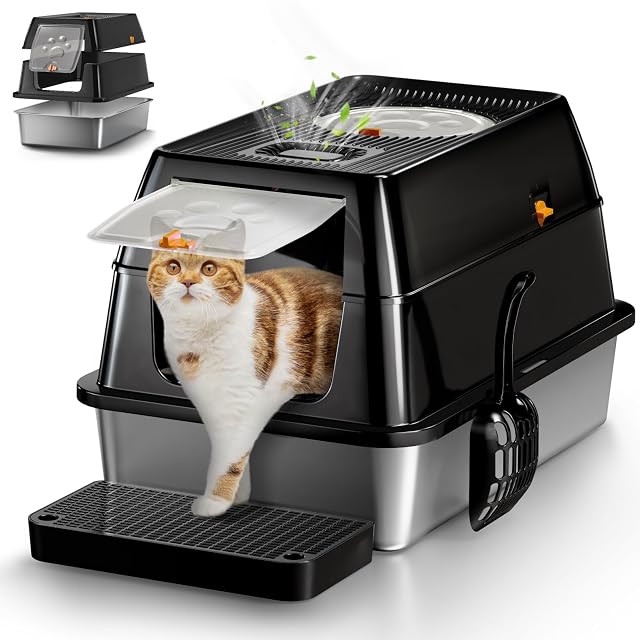 Arenero Acero Inoxidable Gatos, XXL Arenero Cerrado para Gatos, 60 x 40 x 39 cm, Caja de Arena con Pala