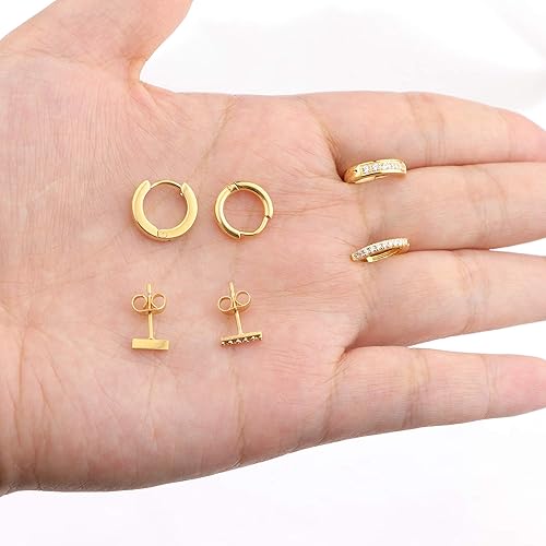 Miniatura 5 de JOERICA Juego de 6 pares de aretes de aro para mujer, diseño minimalista de mini barra, oro y plata, circonita cúbica, juego de piercings pequeños