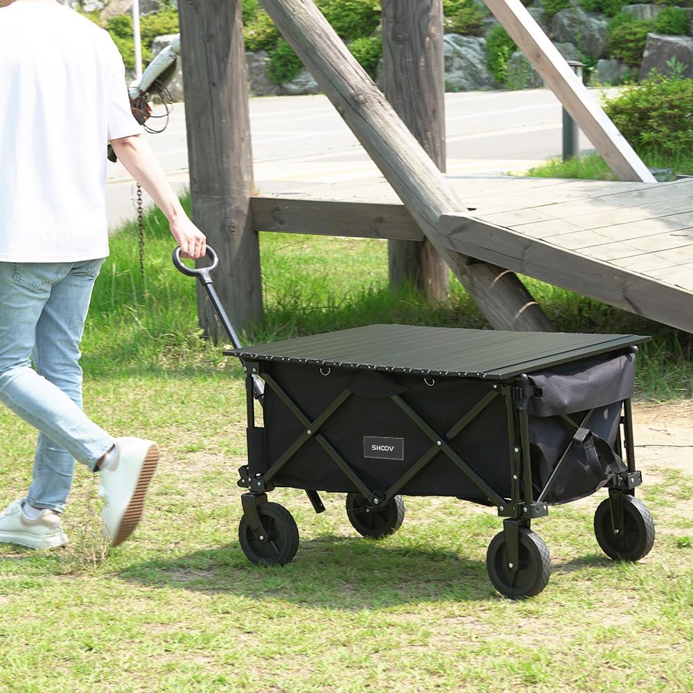 SHOOV Folding Utility Wagon Cart, Heavy Duty and Collapsible for Camping with Extending Tailgate, Beach, Picnics, Grocery Shopping Use