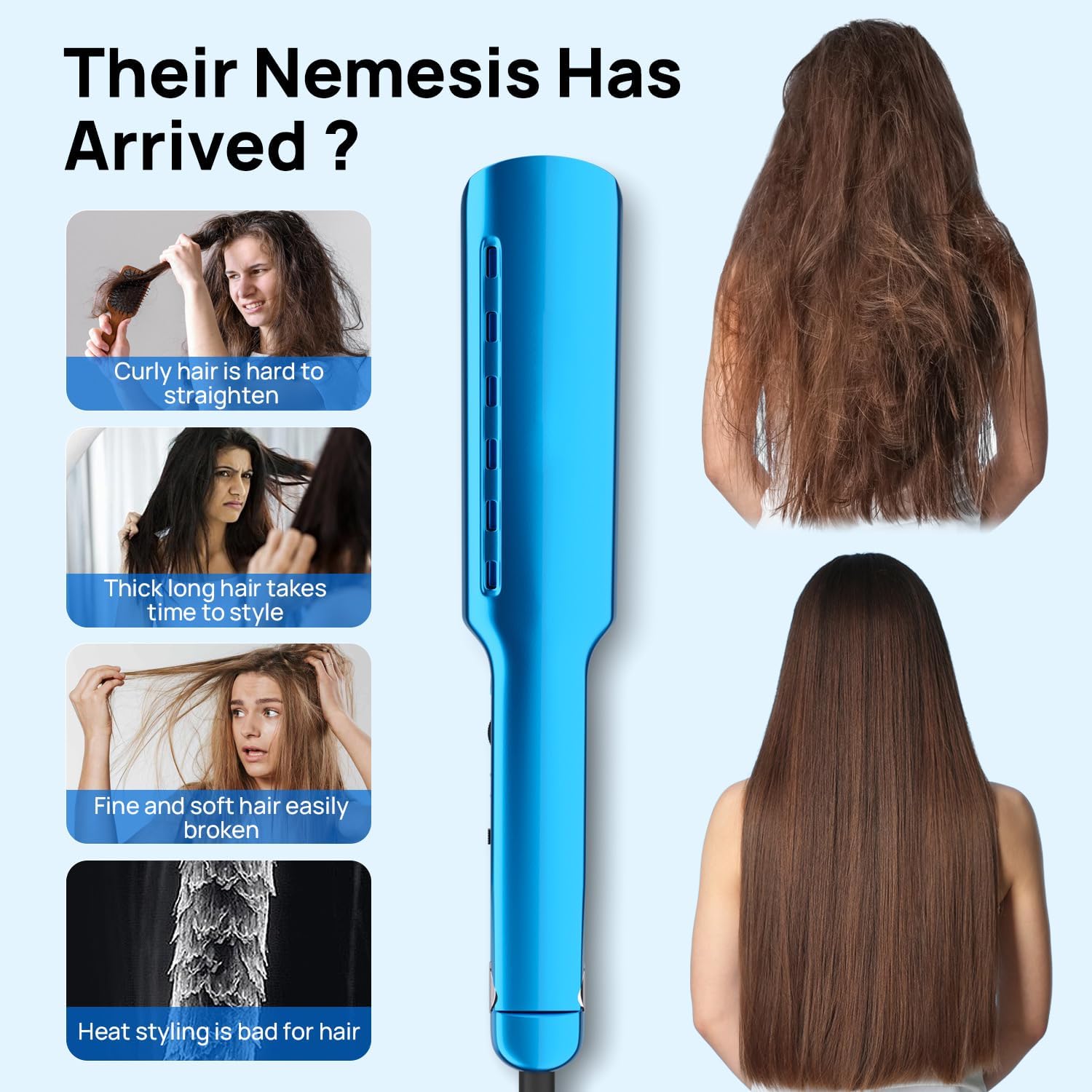 1.7-Inch Nano Titanium Wide Flat Iron for Thick Hair – 15s MCH Fast Heating, Smooth & Sleek Results, Damp to Dry Styling, Hair Straightener Dual Voltage 110-220V (Blue)