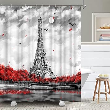 Eiffel Tower Bathroom Curtain Black White Red Shower Curtain Romantic European Paris Bathroom Decor with 12 Hooks 72''x72'' (Red)