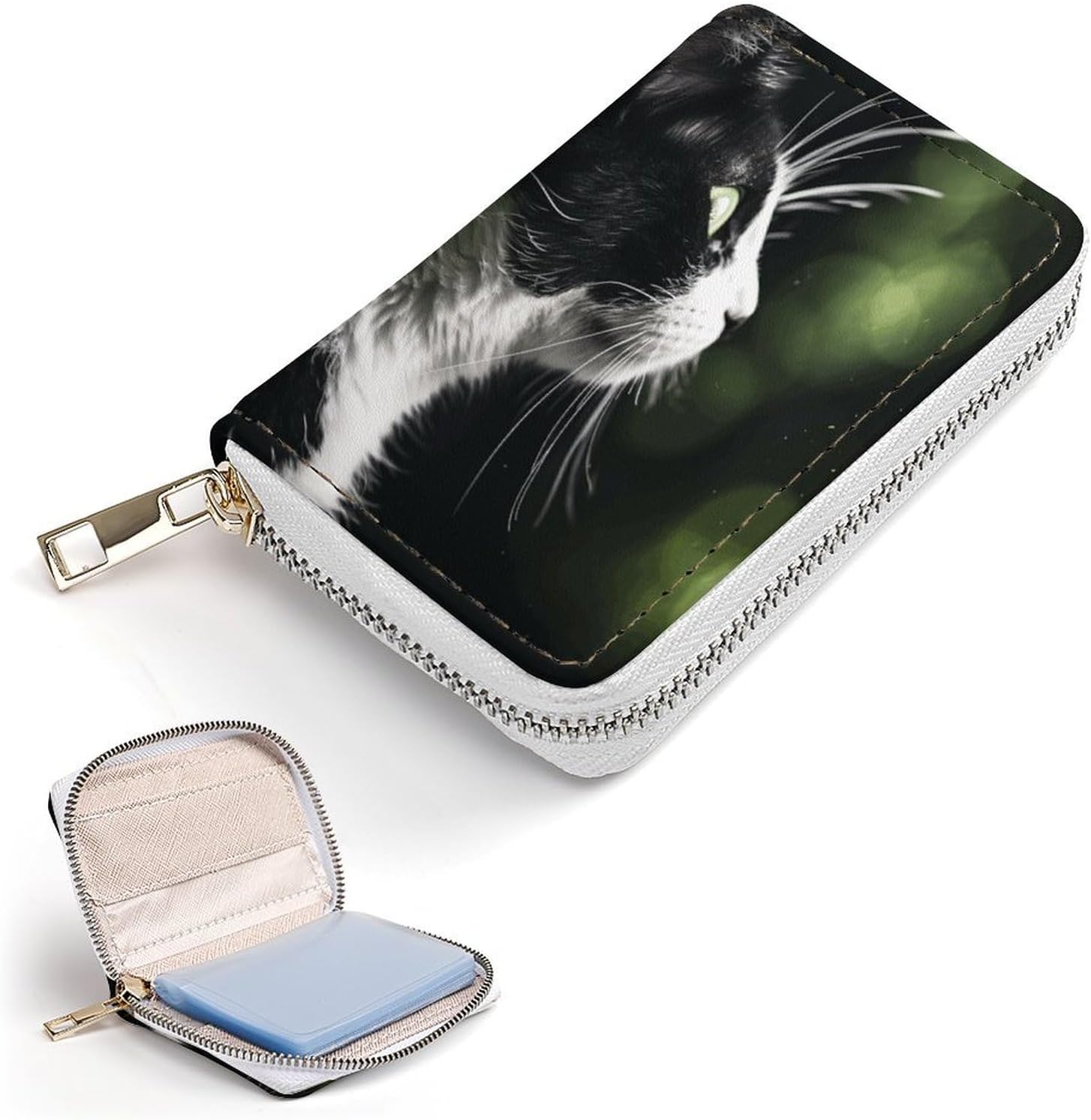 Leather Card Organizer Case Card Wallet Credit Card Holder A Black And White Cat Printed Zipper Card Cases Holder for Women Men