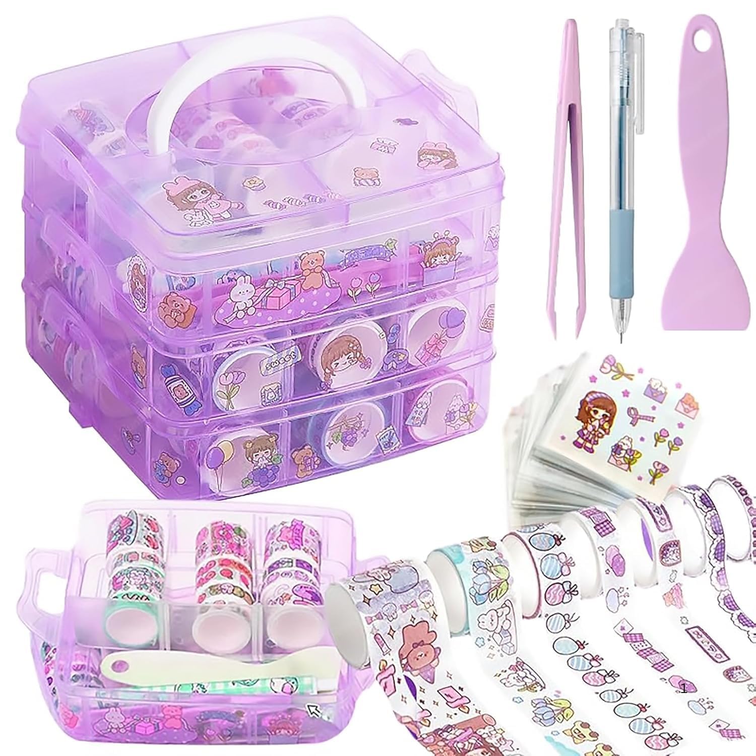 Washi Tape Set (100 Pcs) with 20 Kawaii Stickers, Tweezers, Pen & Spatula | Decorative Masking Tapes in 3-Layer Storage Box for DIY Crafts, Journaling, Scrapbooking & Bullet Planner (purple)