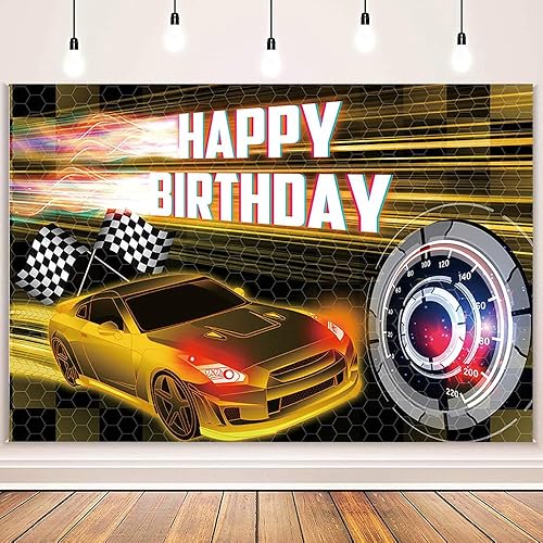Vista 13 de MEHOFOND Telón de fondo de feliz cumpleaños de carreras de autos de 7 x 5 pies, fondo dorado de fiesta de coche de carreras para niños, decoración