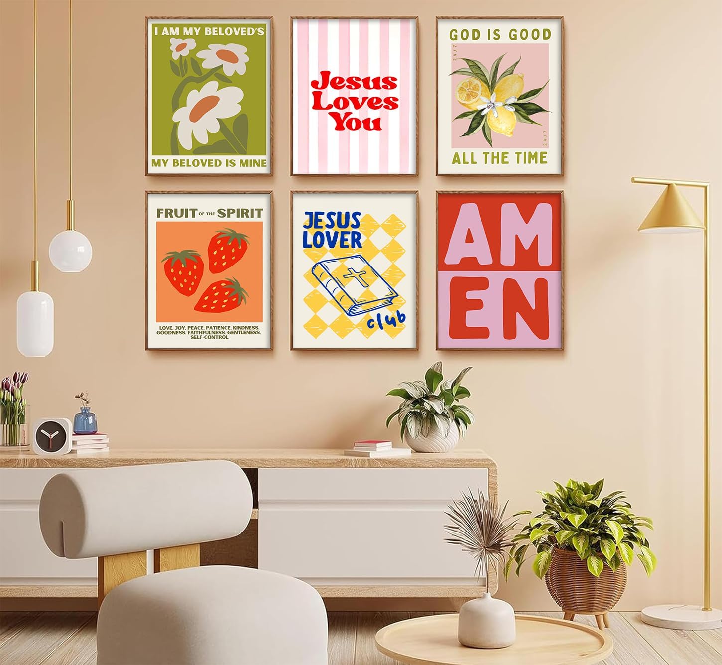 Trendy Christian Wall Art Colorful Scripture Pictutres Wall Decor Jesus Loves You Religious Quotes Posters Maximalist Bible Verse Florals Preppy Painting Print Artwork for Dorm Apartment, Unframed