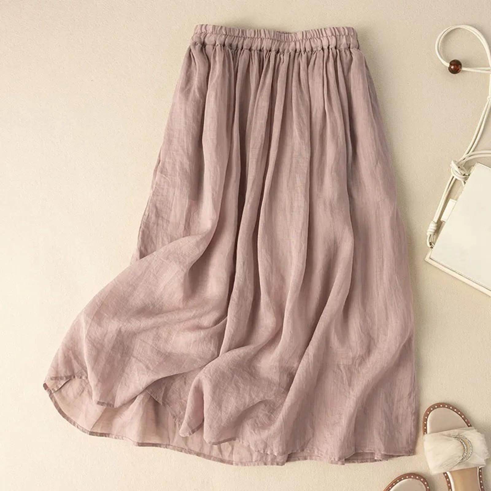 Gonna Midi Estiva in Lino Tinta Unita da Donna con Elastico in Vita ed Elegante