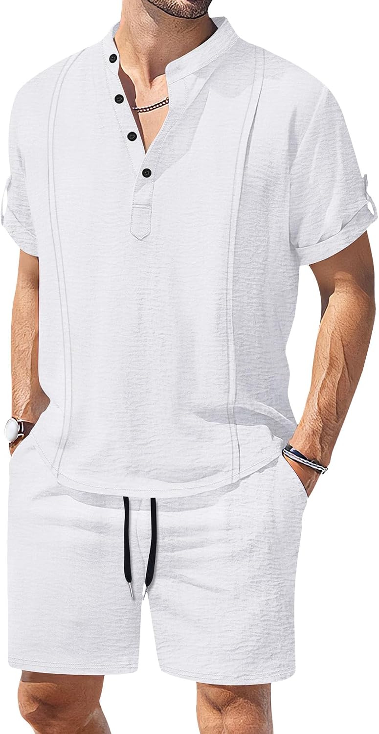Maiyifu-GJ Men's Cotton Linen 2 Piece Outfits Short Sleeve Henley Shirts and Shorts Sets Summer Casual Lightweight Beach Set