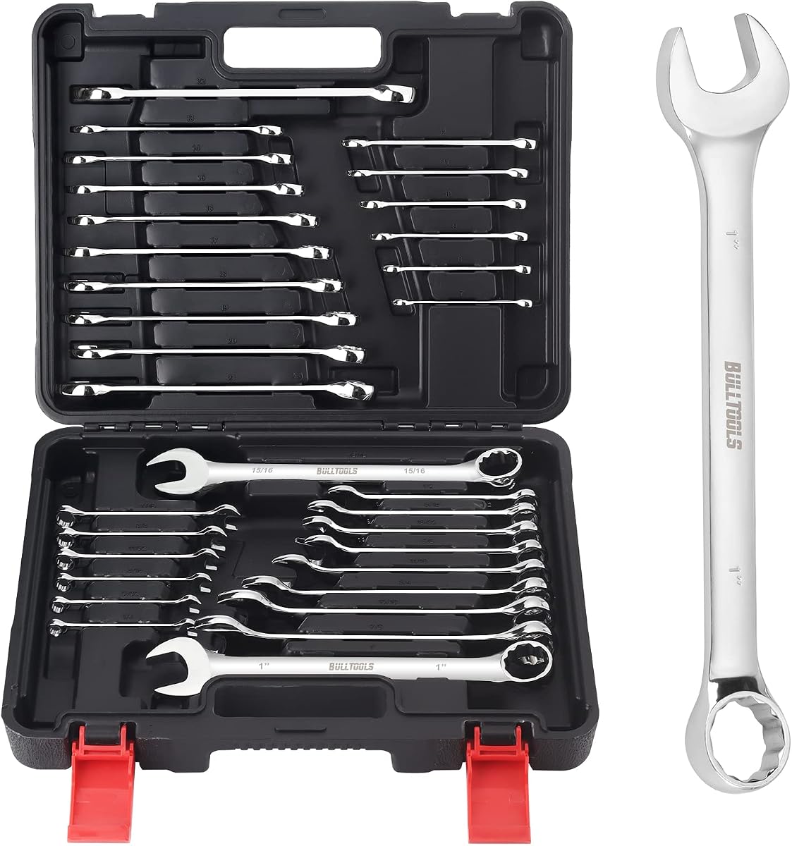 BULLTOOLS 32-Piece Combination Wrench Set, SAE and Metric 1/4"-1" & 7mm-22mm Wrenches Chrome Vanadium Steel Box End and Open End Standard Wrench Set with Case