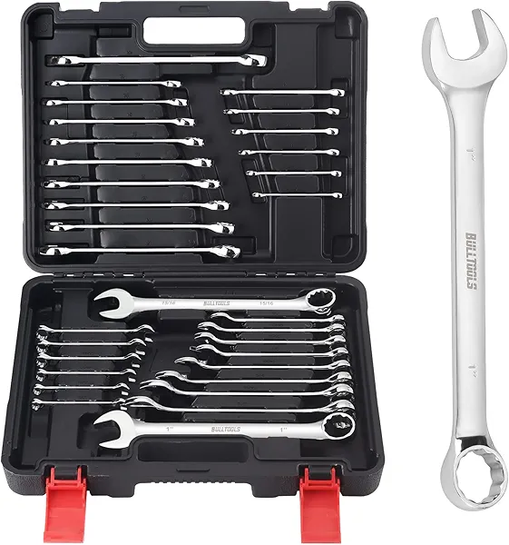 BULLTOOLS 32-Piece Combination Wrench Set, SAE and Metric 1/4"-1" & 7mm-22mm Wrenches Chrome Vanadium Steel Box End and Open End Standard Wrench Set with Case