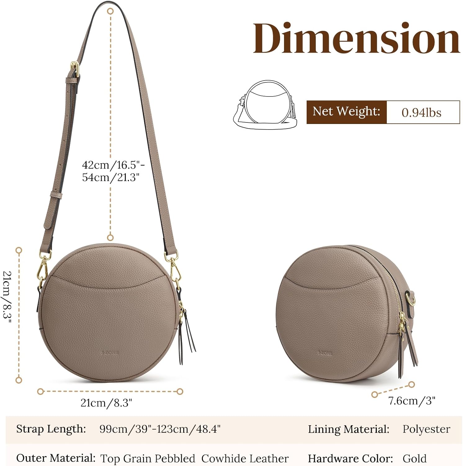 S-ZONE Leather Crossbody Bags for Women Vintage Circle Shoulder Purse Trendy Round Handbag with Adjustable Strap - Image 3