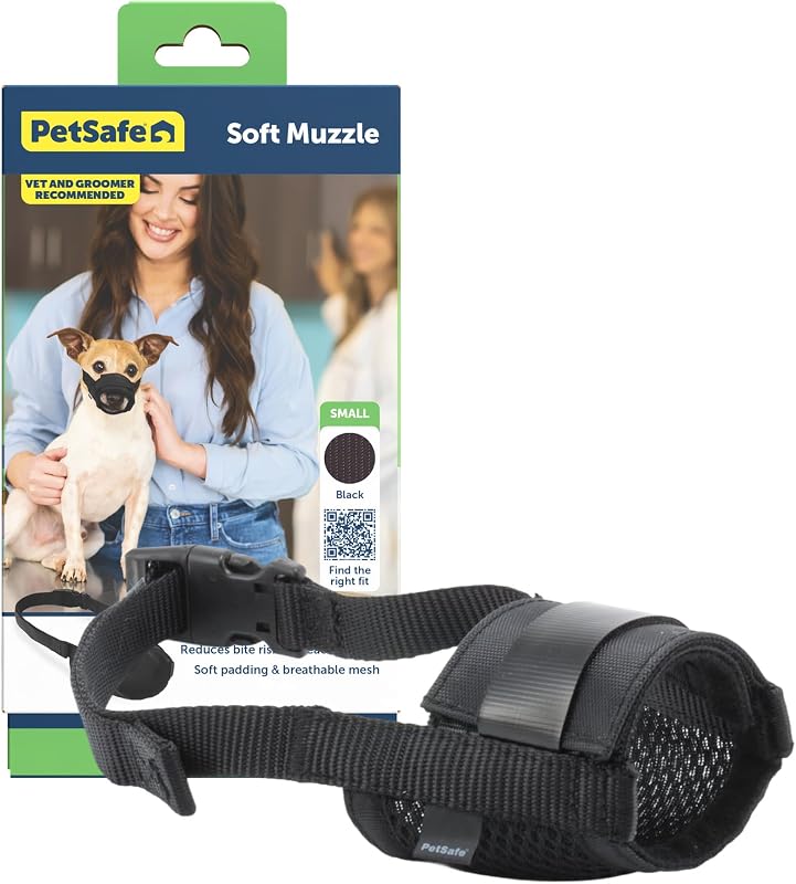 Bozal para perros PetSafe, negro, pequeño | Puntos de presión acolchados, ajuste ajustable en cuello y hocico, evita mordeduras y permite jadear, ideal para visitas al veterinario y al peluquero