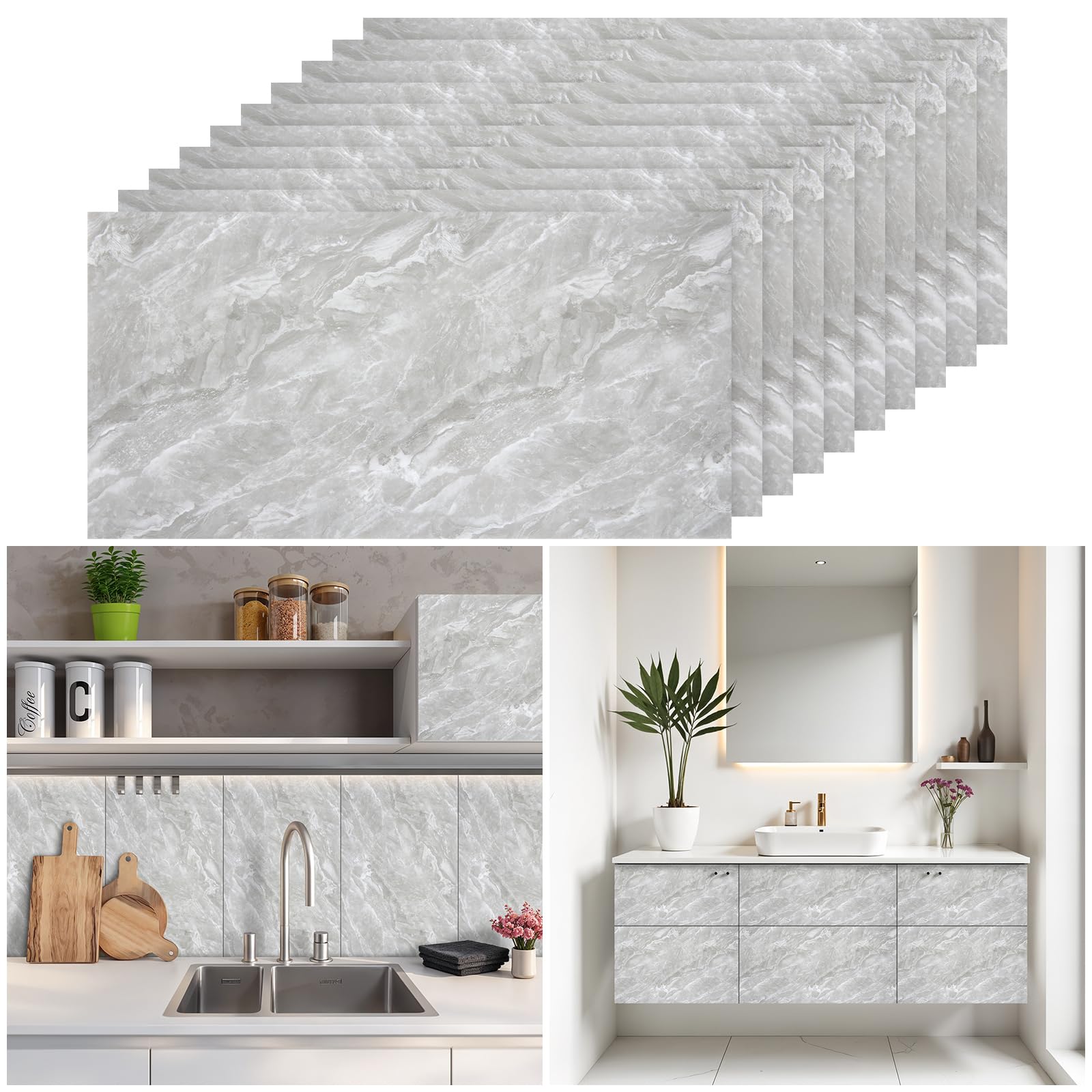Warmiehomy Marble Tiles 60x30cm 30Pcs Thicken Self Adhesive Wall Tiles Waterproof,Peel and Stick on Vinyl Tiles for Living Room Bedroom Bathroom Kitchen Splashback,Pale Earl Grey — image 1