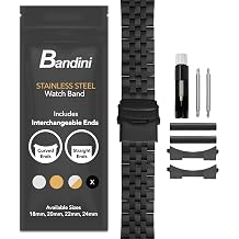 Bandini Stainless Steel Fitted Curved End Metal Watch Band, Brick Link Tapered Watch Strap Oyster Bracelet, Double Foldover Lock Deployment Clasp, Straight Ends Included - 18mm, 20mm, 22mm, 24mm