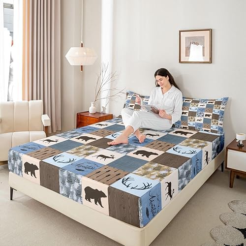 Miniatura 65 de Sábana bajera ajustable de oso de caza, juego de ropa de cama a cuadros de búfalo, sábanas de retazos de cabaña rústica para niños, niños, Multi