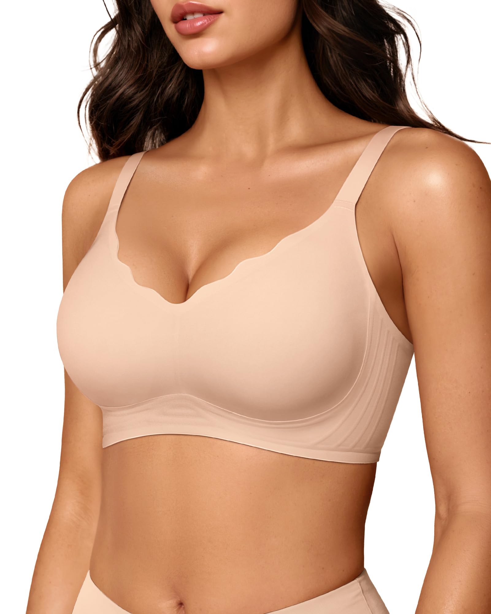 OEAK - Sujetador sin aros para mujer, cómodo, sin costuras, suave, cuello en V, festoneado, cobertura completa, para uso diario