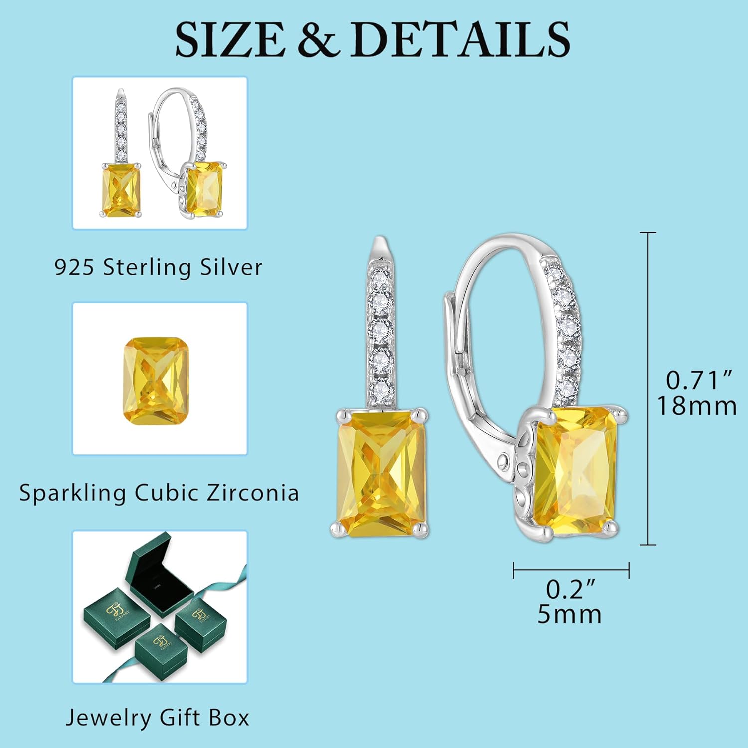 FJ Princess Cut Dangle Drop Earrings 925 Sterling Silver Leverback Square Solitaire Earrings Birthstone Jewelry for Women - Image 6