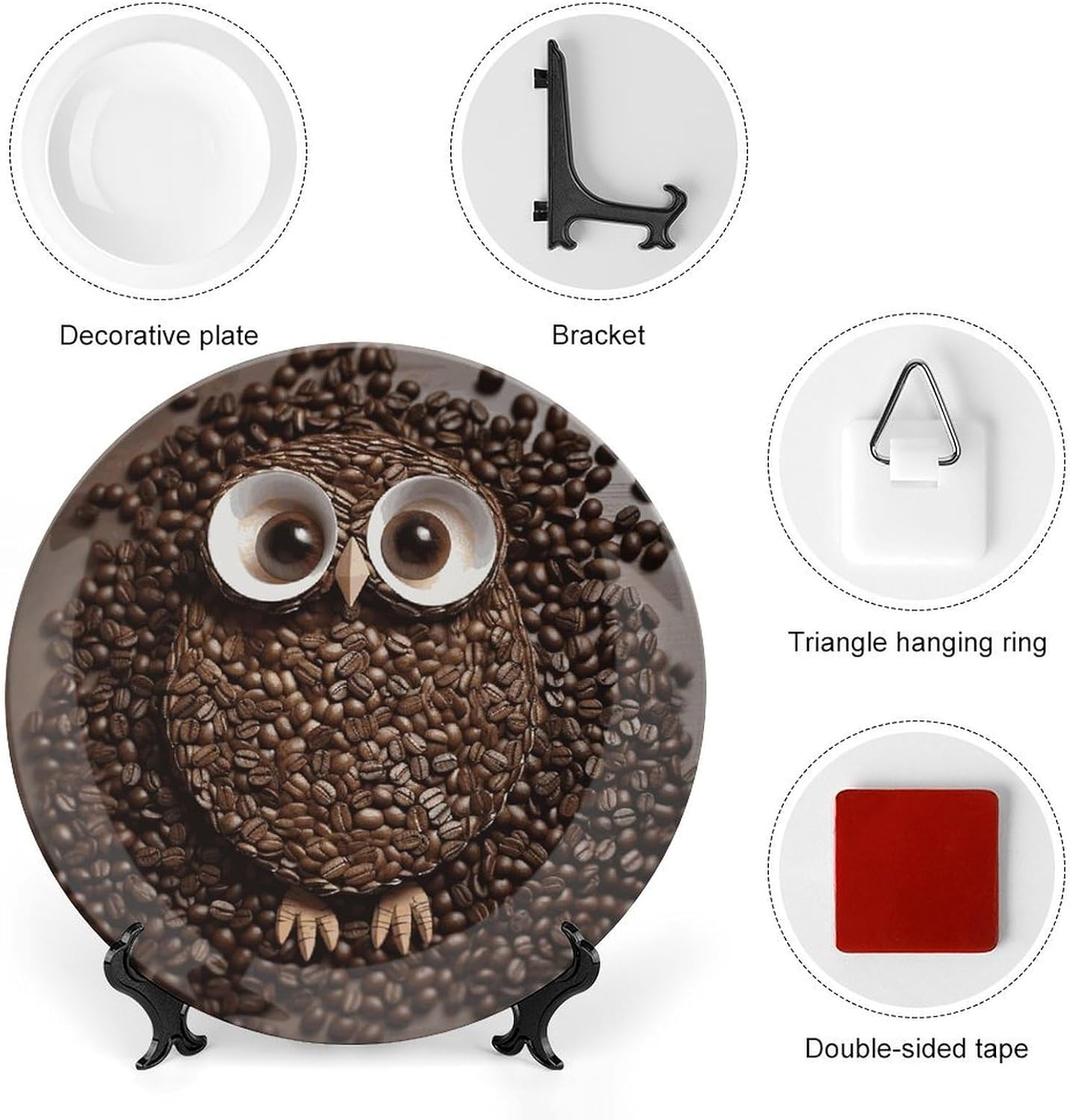 Coffee Bean Owl Bone China Decorative Plate with Display Stand, Ceramic Ornaments Plate for Wall Hanging, Personalized Porcelain Plates for Office, Living Room 8inch
