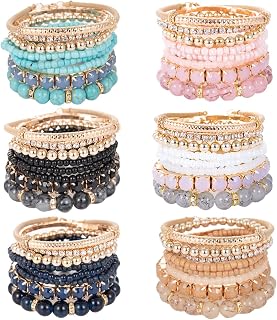 6 Sets Bohemian Stackable Bead Bracelets for Women Multicolor Stretch Beaded Bracelets Layered Bead Adjustable Bracelet Turquoise Stretch Bracelets
