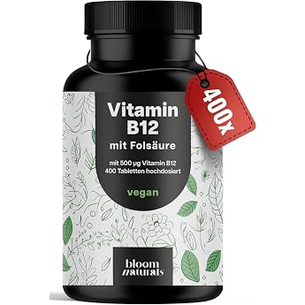 Vitamin B12 High Dose with Folic Acid - 400 Tablets - 500 mcg per day | Vit B12 500 &micro;g + 200 &mu;g folic acid, vegan and produce