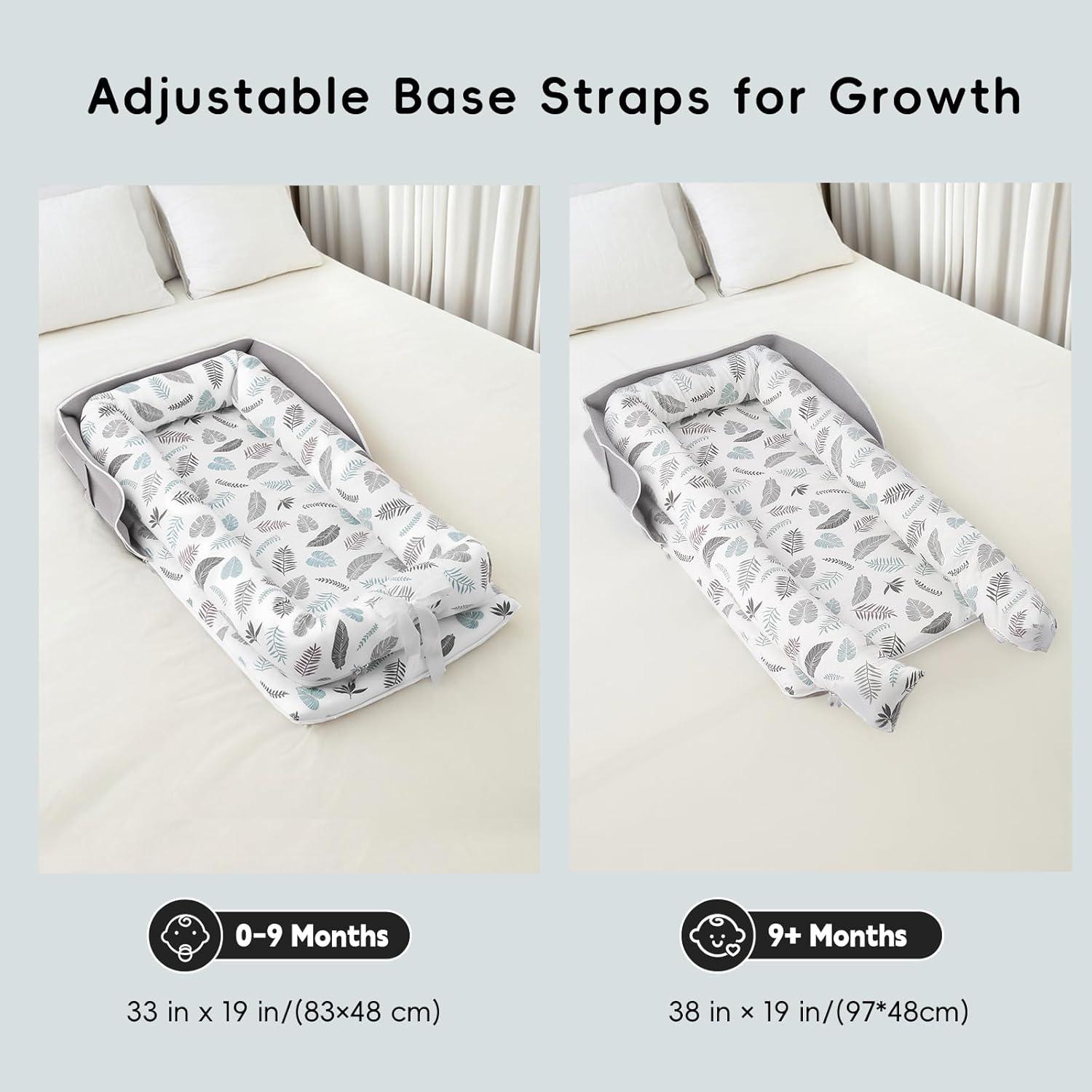 Portable Baby Lounger, Soft Baby Nest Cover Breathable Cotton Fabric, Adjustable Infant Lounger for Baby, Adjustable Size and Strong Zipper, Extended Space for Newborn 0-24 Months, Leaf