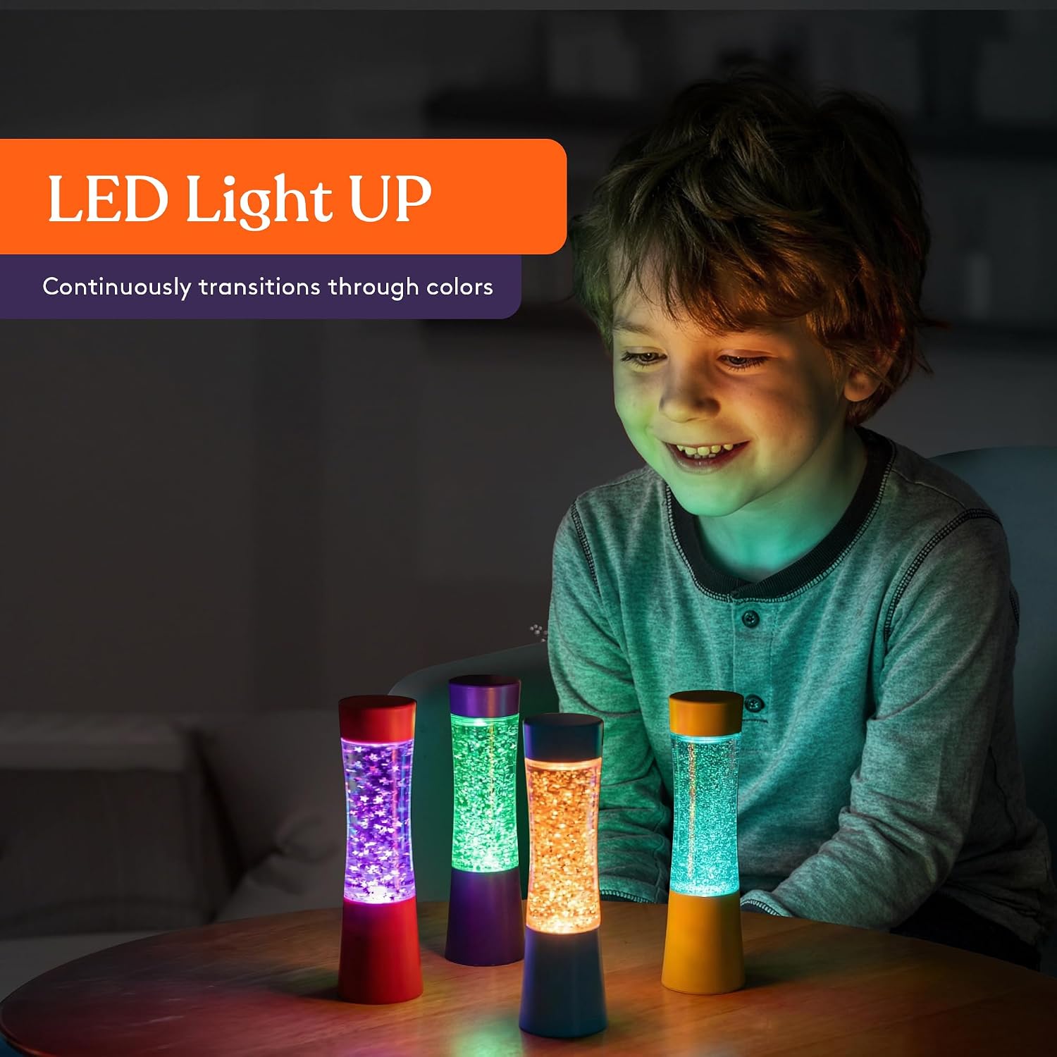 Special Supplies Light-Up Glitter Sensory Tubes – 4-Pack – Liquid Motion Timers for Stress Relief, Focus, and Relaxation – Colorful Calm Down Bottles for Kids and Adults – Leakproof, Ages 3+