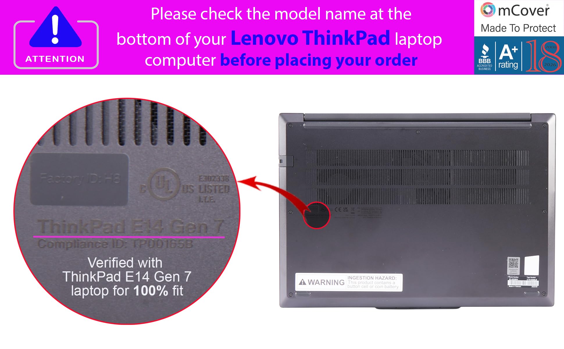 mCover Custodia rigida compatibile solo per notebook Lenovo ThinkPad E14 Gen 7 da 14" 2025-2027 (con cerniera a 180°, non compatibile con altri modelli Lenovo) - Nero