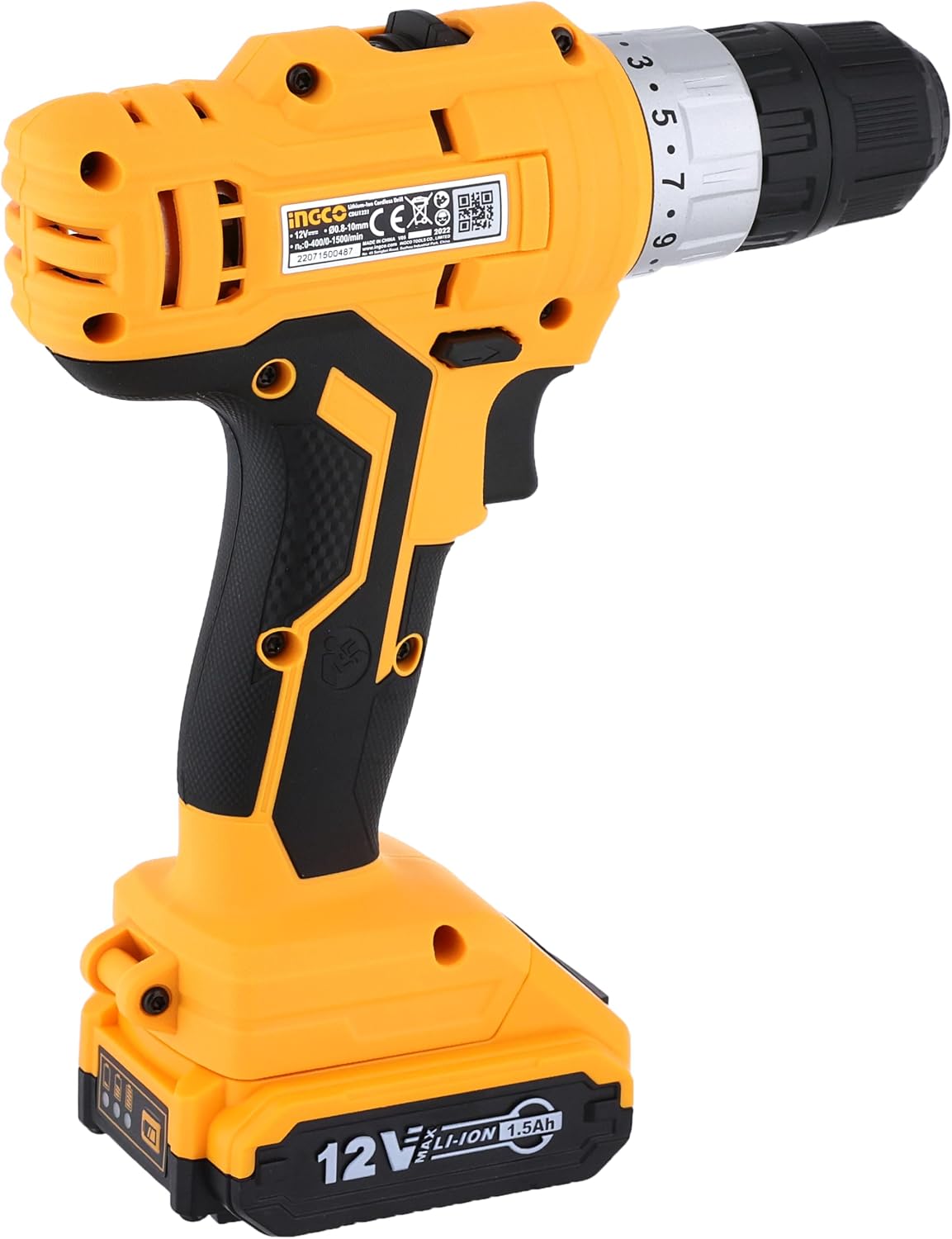 Close-up of Ingco CDLI1221 drill chuck and torque settings