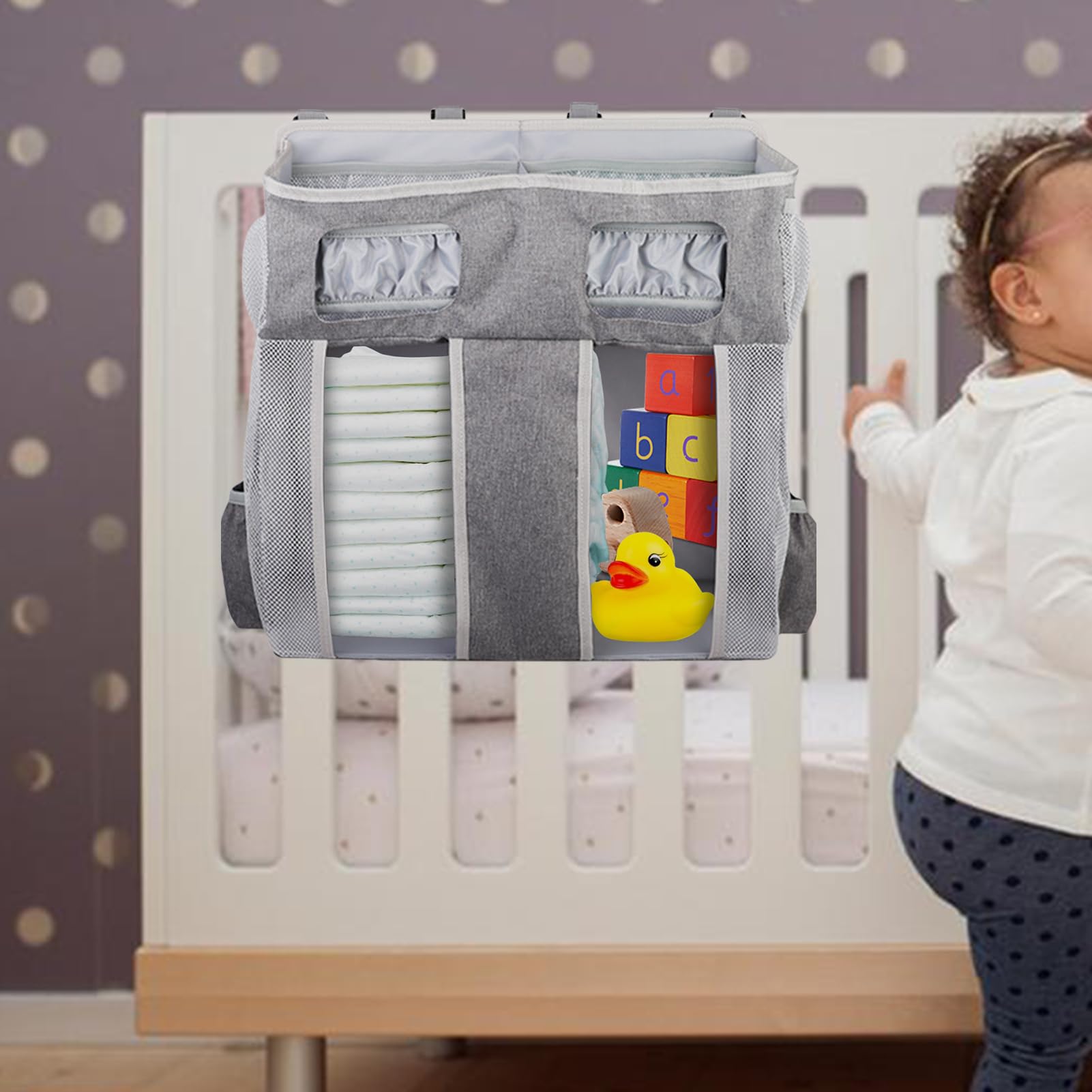 Organisateur De Chevet Poches Biberon Sac Lingettes Bavoir | Grand Sac Organisateur De Lit Bébé En Oxford Empilable Suspendu Rangement Nurserie Bébé Chevet Garçons Filles