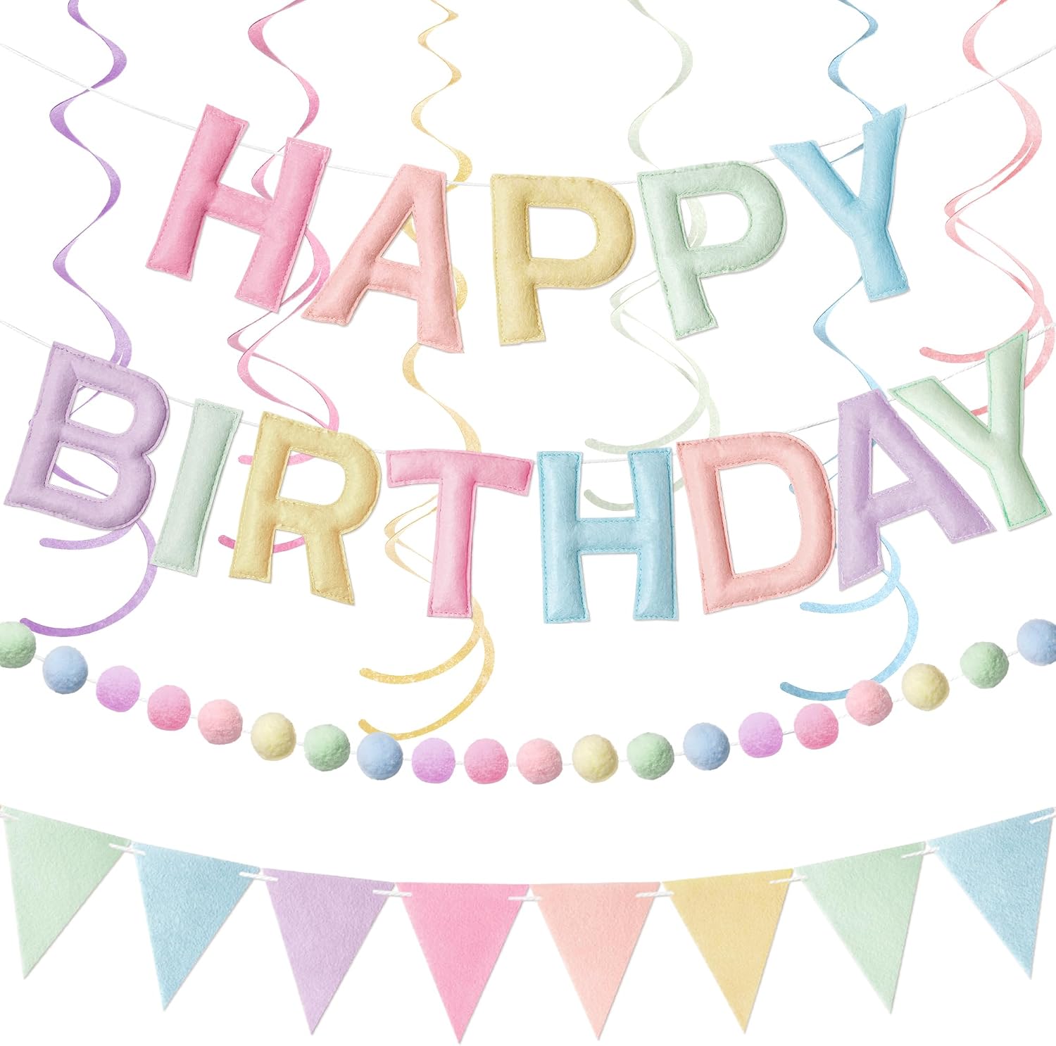 Kriyokiaa Pastel Happy Birthday Banner Set with Pom Pom Garland