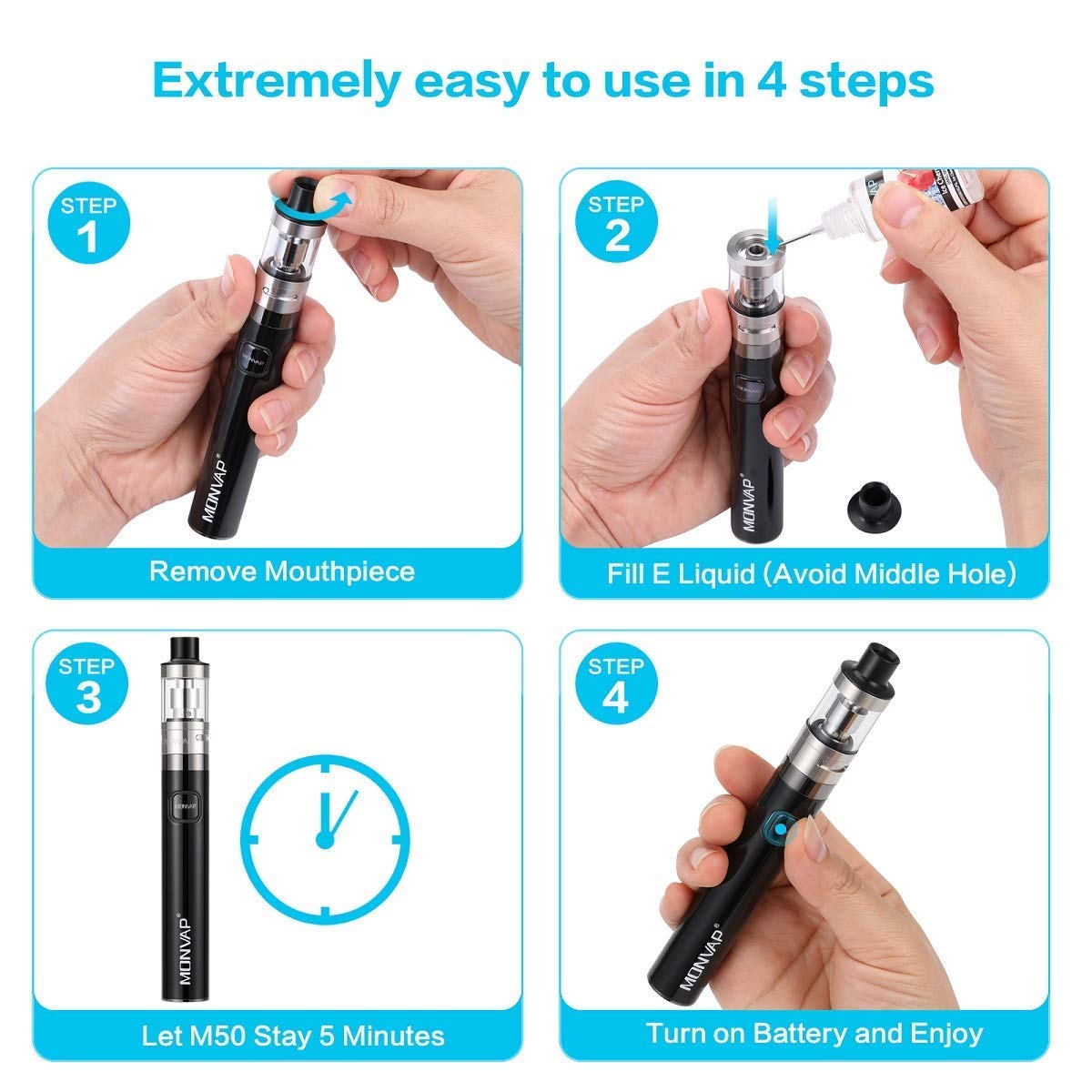 Cigarette Electronique Kit Complet 50W, MONVAP M50 Kit, Top Refill  Atomiseur 0,5ohm 2ml, 1500mah Intgre Batterie Complet Vape Pen Set Cigarettes  lectroniques sans Nicotine ni Tabac : Amazon.fr: High-Tech