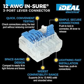 Ideal Electrical in-Sure Lever Wire Connector,12 AWG, 3-Port (30-05L23), Bag of 50Compact Releasable Connectors for Solid and Stranded Wires