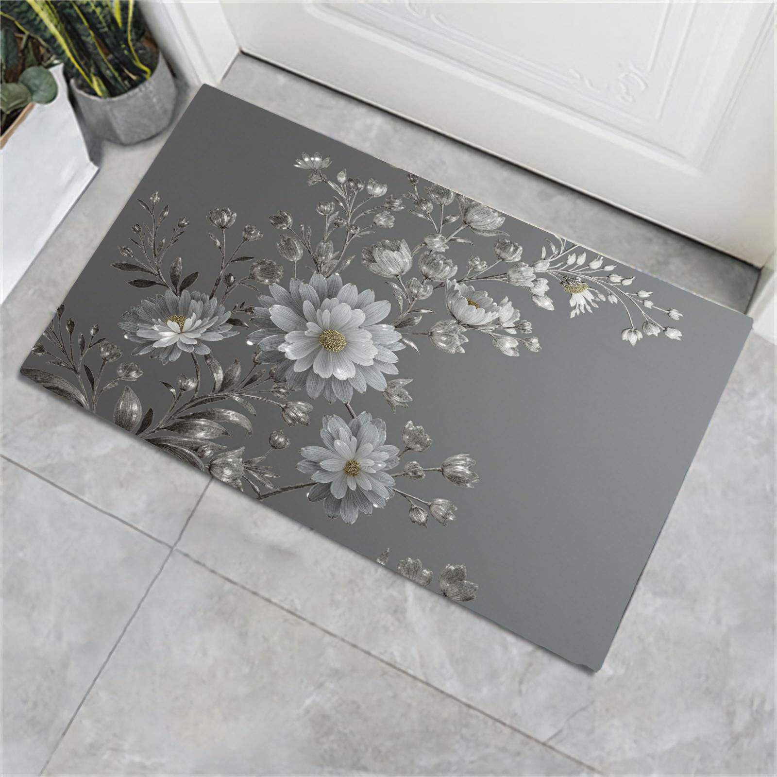 Paillasson d'entrée gris 50x80cm lavable avec motif fleur