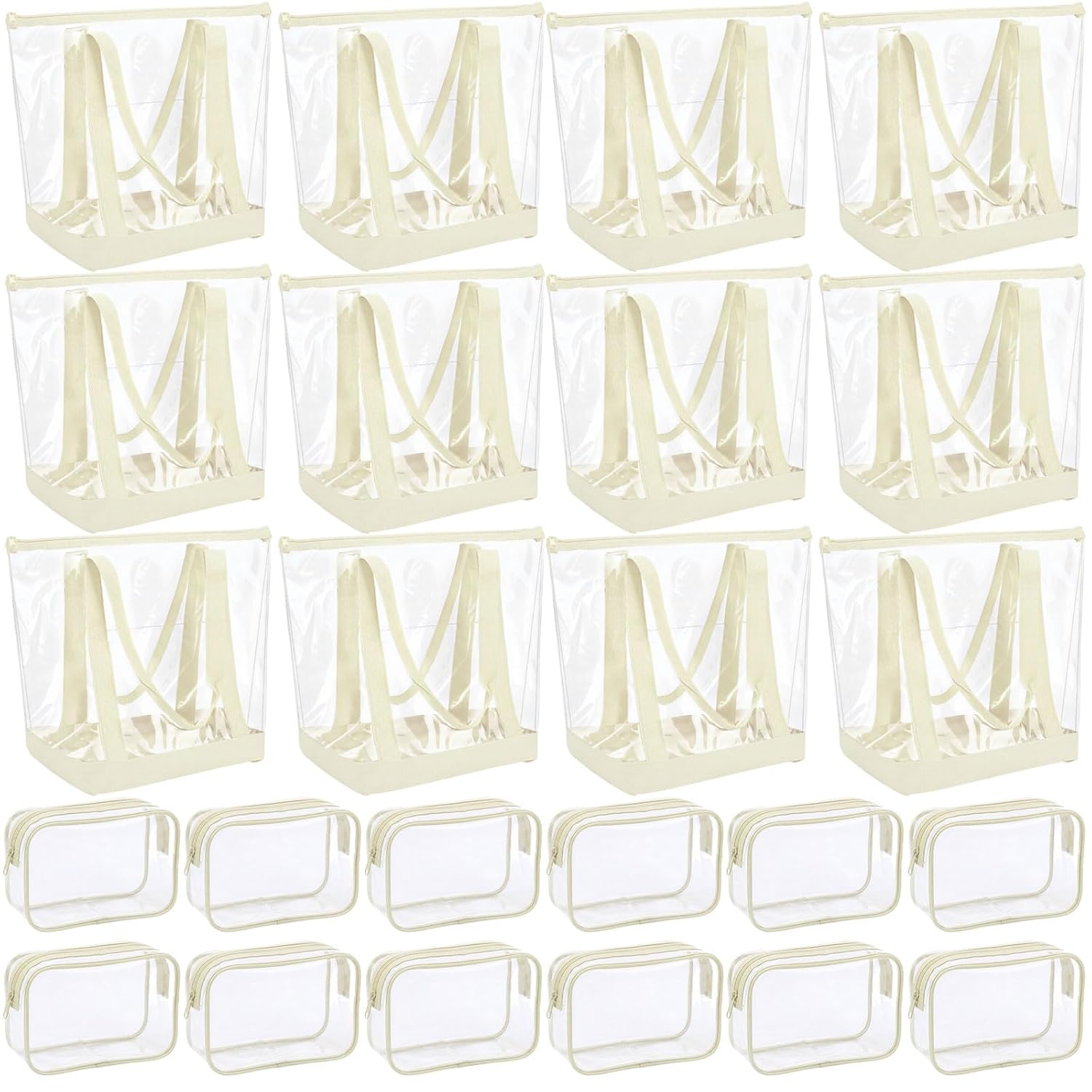 Sweetude 24 Pcs Clear Tote Bags with Makeup Bags, 16x13x5.5 Beach Tote Bags Bulk Waterproof for Women Team Travel Stadium(Ivory)