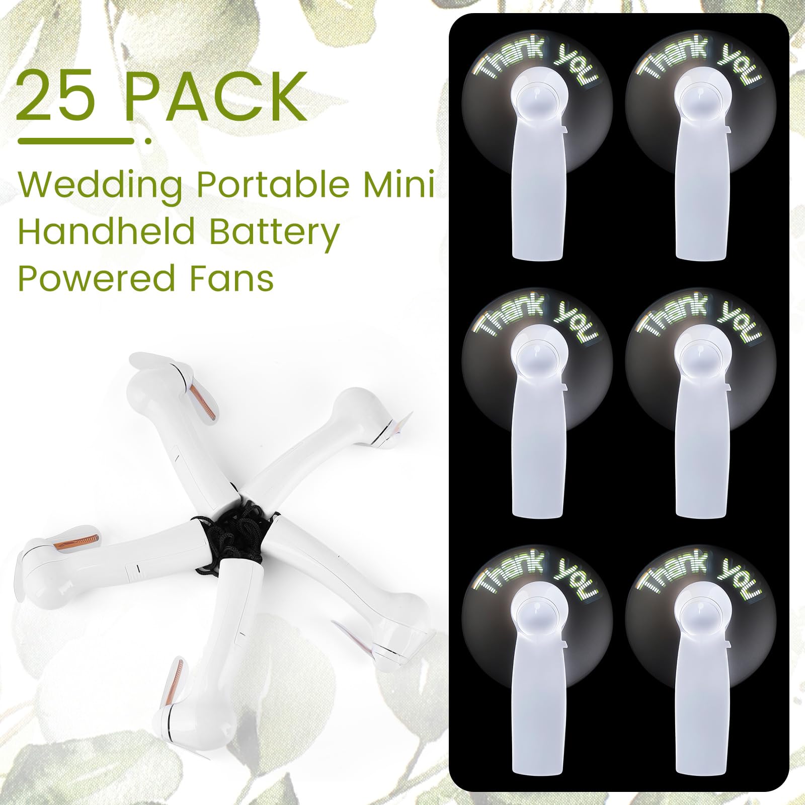 Retisee Confezione da 25 mini ventagli portatili alimentati a batteria, ideali come regalo per gli ospiti, con LED di ringraziamento, per feste estive, addio al nubilato, feste, batterie non incluse