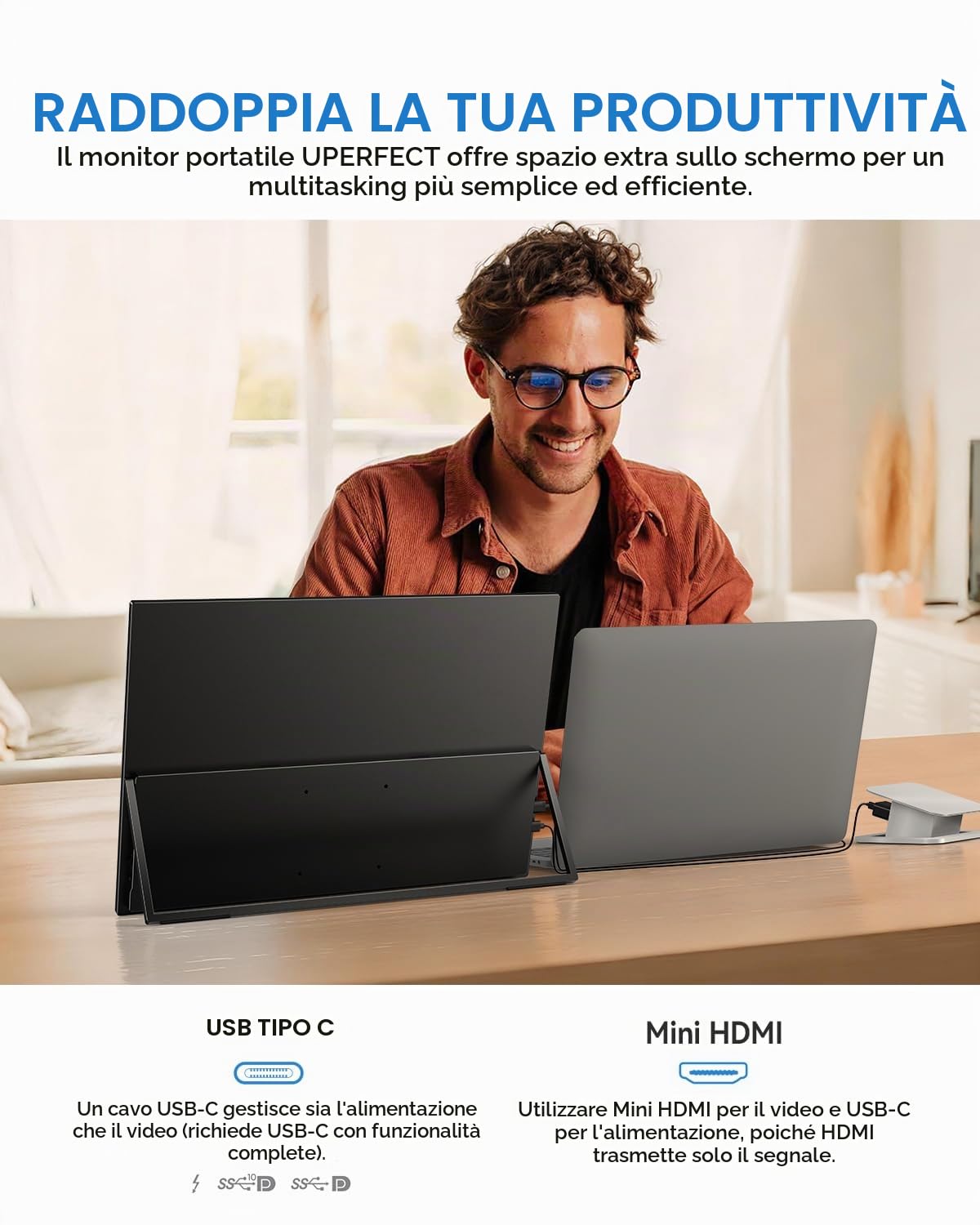 UPERFECT Monitor Portatile 17,5 Pollici,1920×1200P 16:10 125% sRGB 1500:1 IPS FHD Schermo Portatile con USB-C e HDMI, Eye Care Secondo Schermo Esterno per Laptop/PCs/Mac/PS3/4/5/Xbox