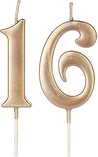 Champagne Gold 16th Birthday Candles for Cake, Number 16 1 6 Glitter Candle Party Anniversary Cakes Decoration for Kids Women or Men