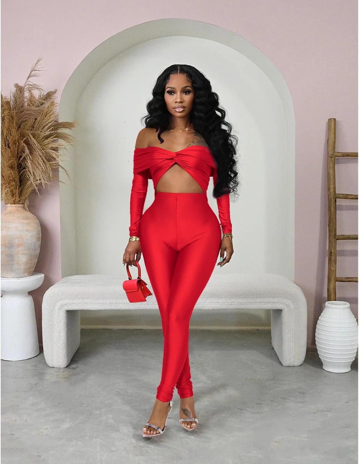 Sexy Long Sleeve Jumpsuit for Women, Twsit Knot Cut Out Bodycon Night Club Off the Shoulder Outfits - Image 7