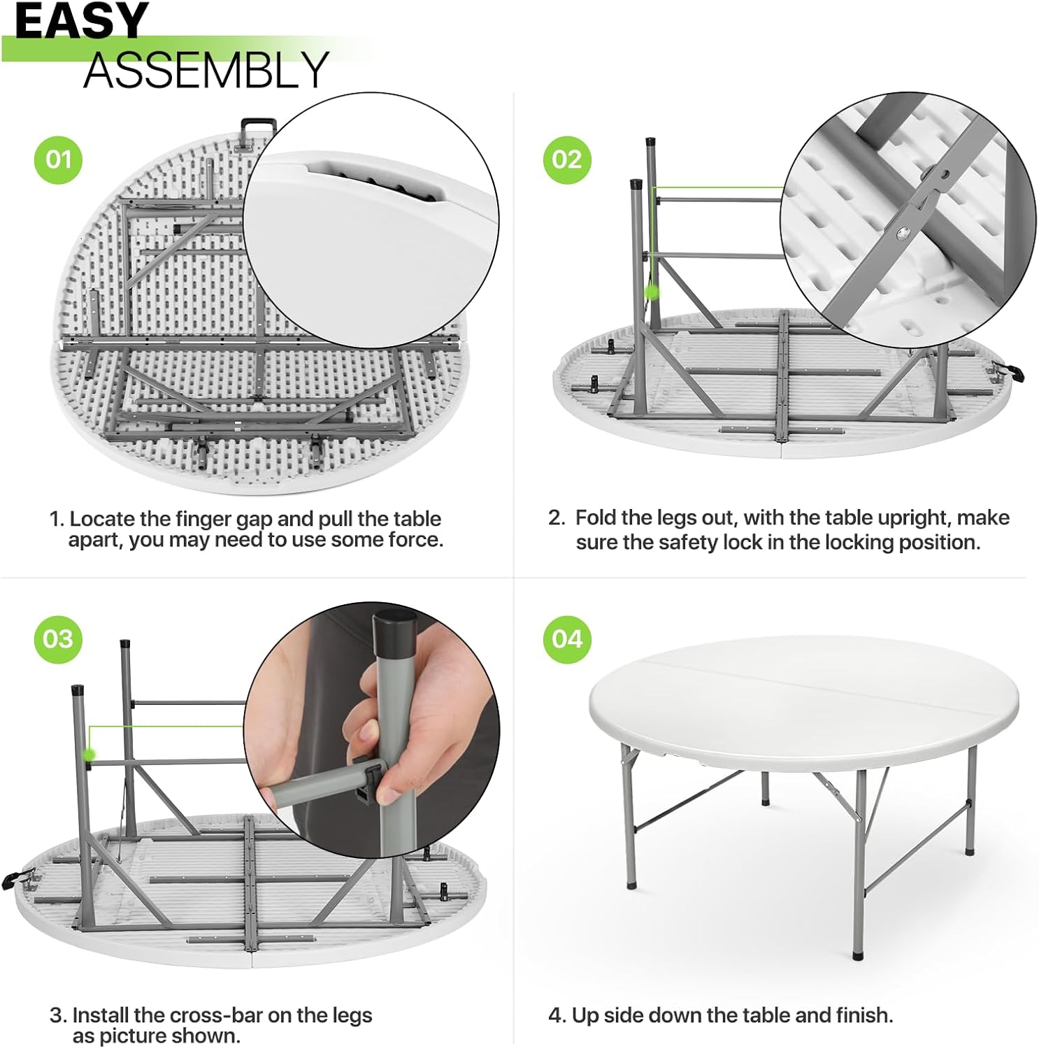 Magshion 60" Round Folding Table, 5 Feet Bi-Folding Plastic Commercial Dining Card Table w/Carrying Handle for Outdoor Wedding Party Event Picnic, White/Gray
