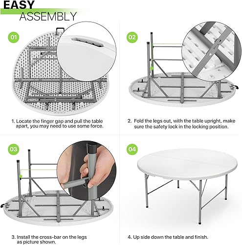Miniatura 8 de Magshion Mesa de plástico plegable de 60 pulgadas, mesa redonda blanca resistente plegable para cocina o fiesta al aire libre