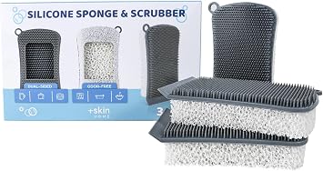 Silicone Sponge & Scrubber 2-in-1 Non-Scratch Dishwashing for Dishes, Pots & Pans, Reusable Kitchen Sponge with Soft Bristles & Foam Dual-Sided Design Gray/White