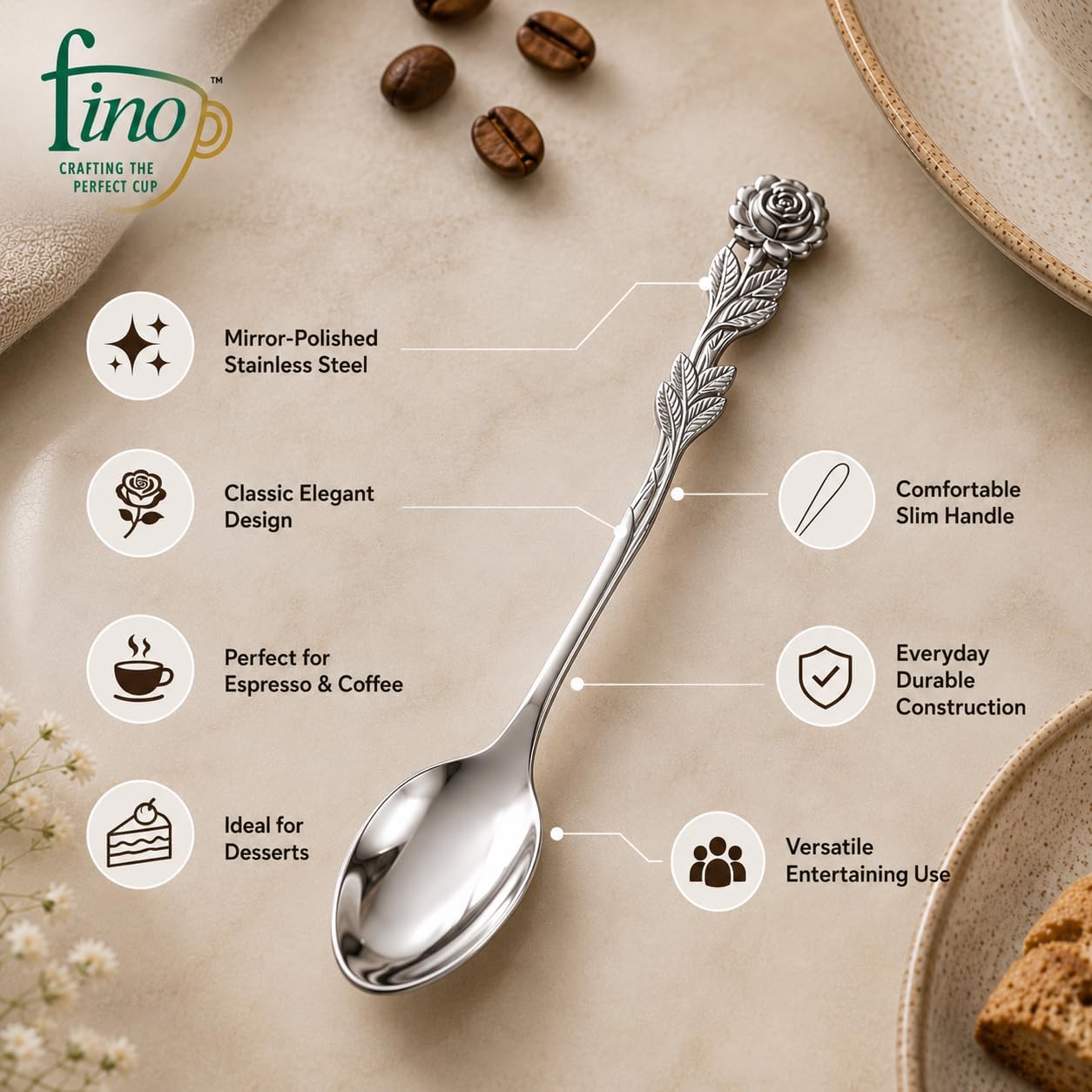 Fino Demi Spoon, Stainless Steel, Rose Design, For Everyday Coffee, Desserts, Entertaining, and Holiday Dining, Set Of 4