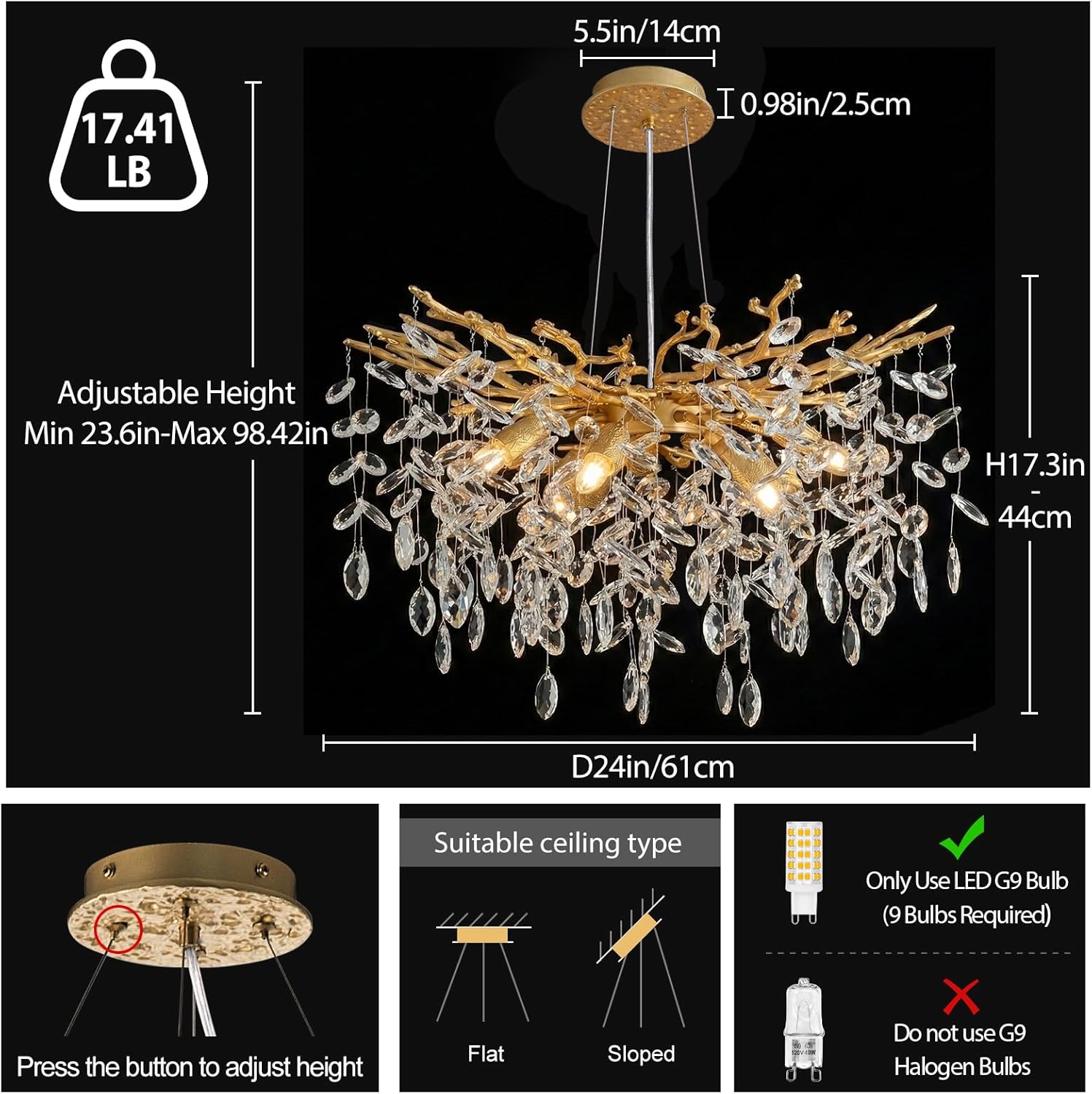 Modern Tree Branch Crystal Chandelier 24'' Luxury Gold Crystal Chandelier 6-Light Crystals Pendant Chandeliers for Dining Room Living Room Bedroom Kitchen Entryway