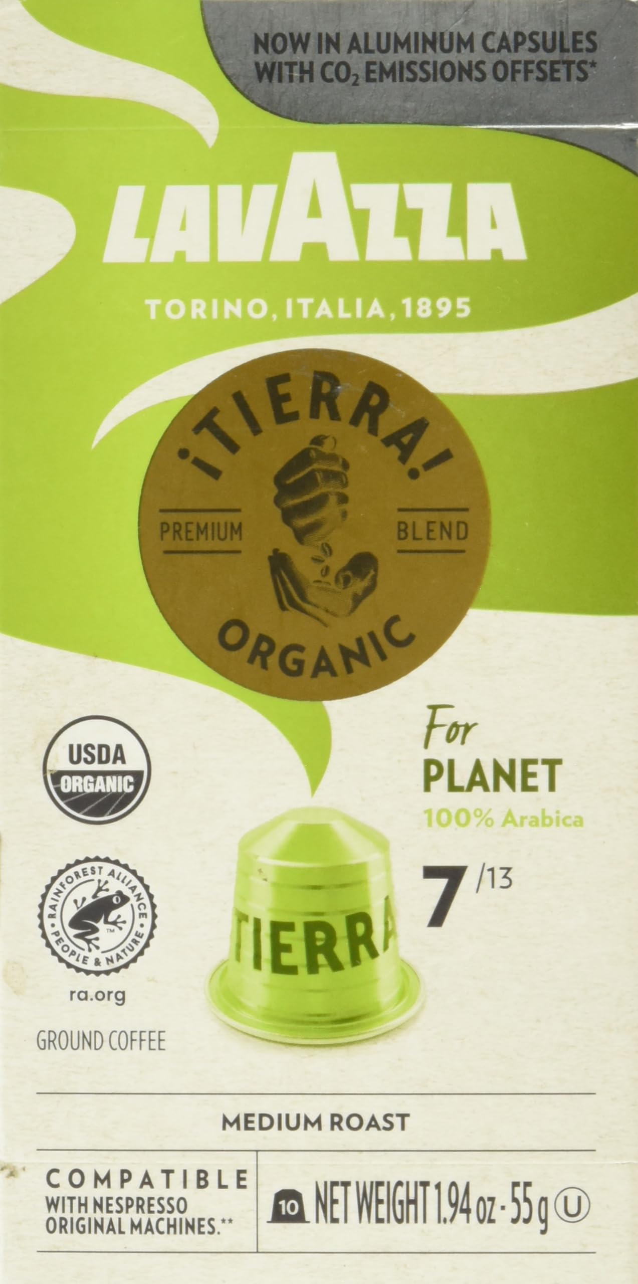 LavazzaTIERRA PLANET USDA ORGANIC Espresso Aluminum Capsules Compatible with Nespresso Original Machines, 10 Count, Medium Roast, 100% Arabica, Intensity 7 of 13
