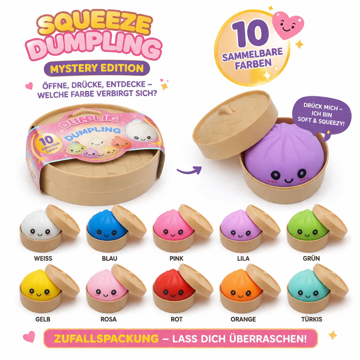 XXL Mystery Dumplings Squishy Squeeze Buns con scatola (9,5 cm) – Viral Trend Anti Stress Giocattolo da schiacciare – Pallone da impastare in colore a sorpresa – Fidget Toy idea regalo