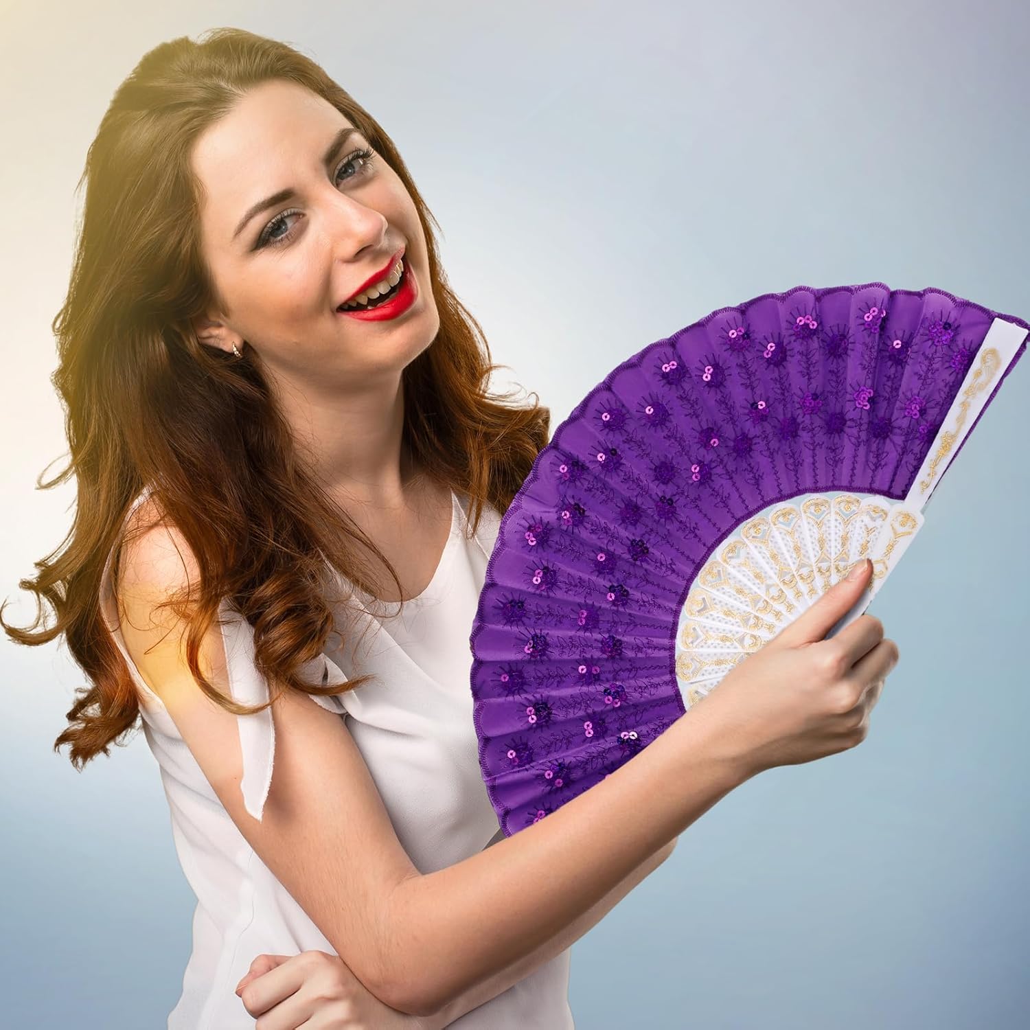 Vicenpal 36 Pcs Peacock Hand Fans Bulk for Women Folding Fans with 36 Carrying Pouches Summer Sequin Fabric Handheld Fan Gifts for Dancing Weddings Party Favors(Bright)