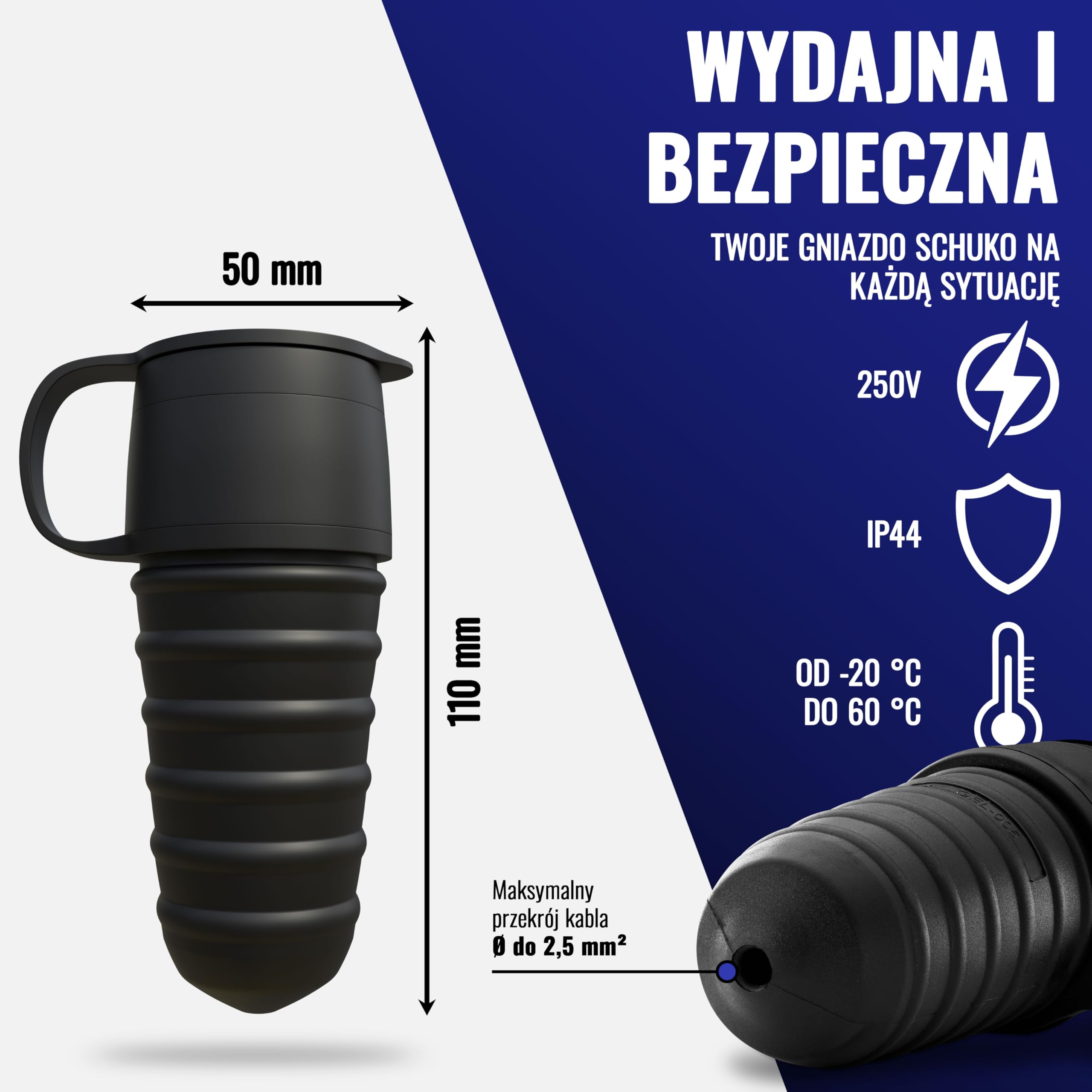 Poppstar 3x gumowe gniazdko z klapką ochronną, (2-biegunowe, 230V, 16A, IP44), wodoodporne, do użytku zewnętrznego, czarne