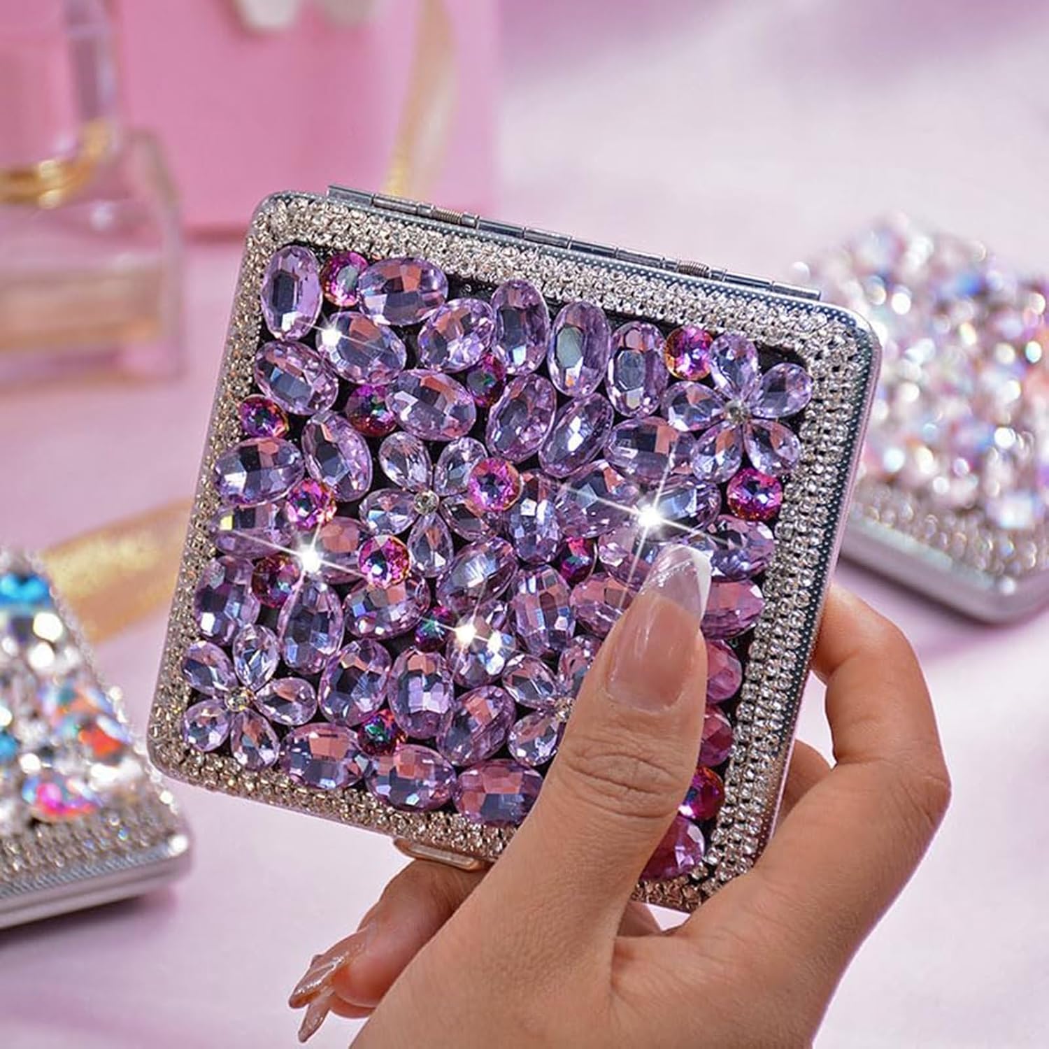 Bling Cigarette Case Box, Double Sided Clip Open Pocket Portable for Women, for Regular Size 70s, King Size 84s(#b)