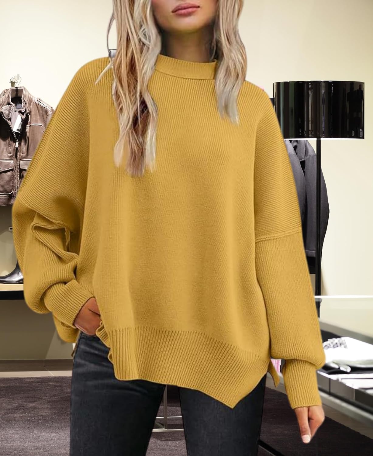 Women's Batwing Sweater Oversized Knit Pullover with Side Slits Fall Casual Crewneck Top for Fashion Outfits - Image 2